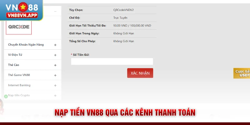 Nạp Tiền VN88 - Giao Dịch Nhanh, Bảo Mật và Tiện Lợi 2 Nạp tiền VN88 qua các kênh thanh toán